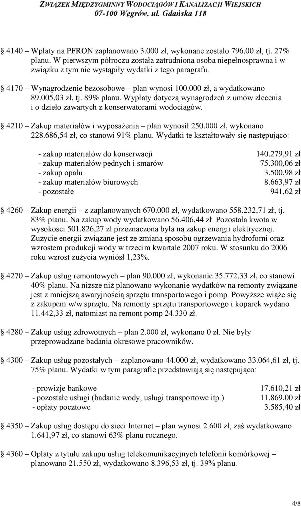 005,03 zł, tj. 89% planu. Wypłaty dotyczą wynagrodzeń z umów zlecenia i o dzieło zawartych z konserwatorami wodociągów. 4210 Zakup materiałów i wyposaŝenia plan wynosił 250.000 zł, wykonano 228.