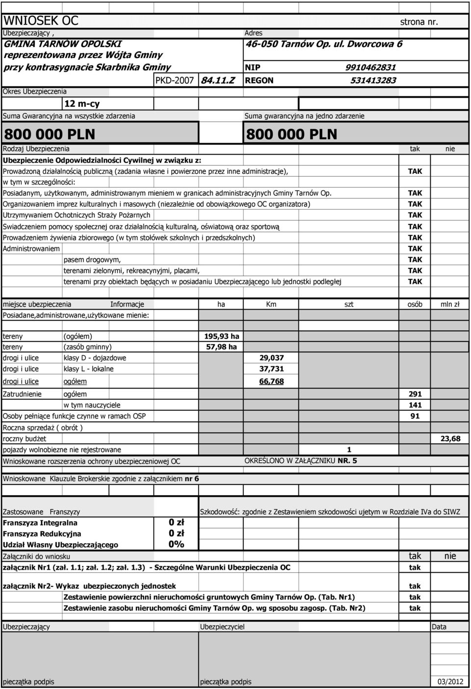Z REGON 531413283 Suma gwarancyjna na jedno zdarzenie 800 000 PLN 800 000 PLN strona nr.