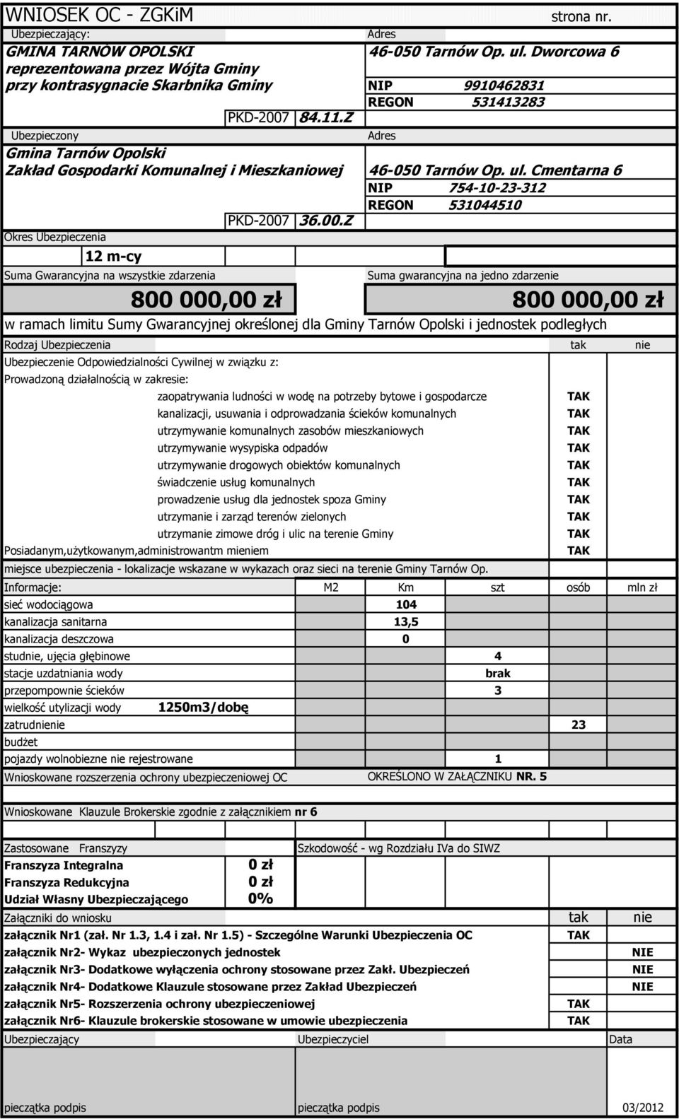 Z Ubezpieczony Adres Gmina Tarnów Opolski Zakład Gospodarki Komunalnej i Mieszkaniowej 46-050 Tarnów Op. ul. Cmentarna 6 NIP 754-10-23-312 REGON 531044510 PKD-2007