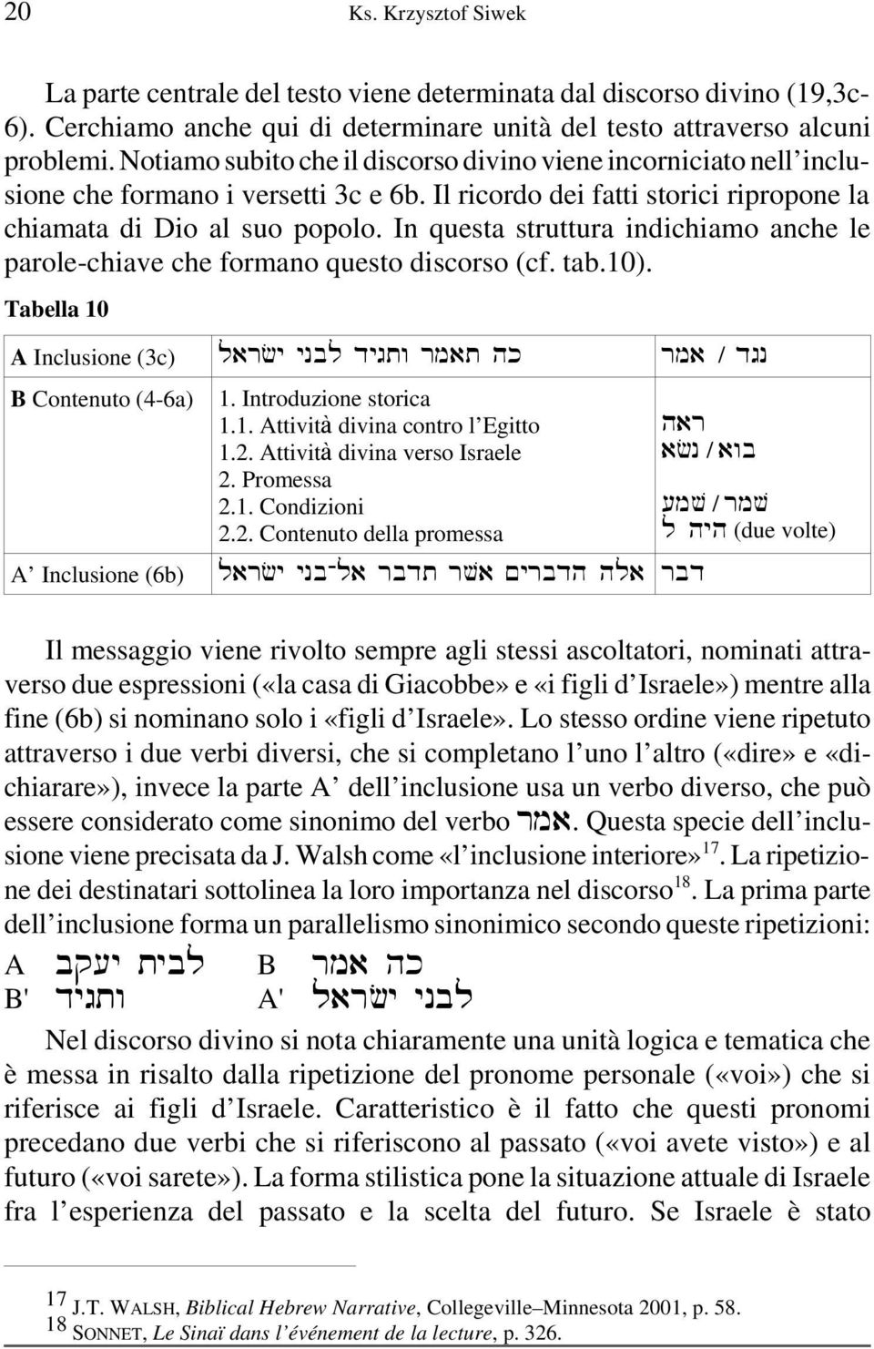 In questa struttura indichiamo anche le parole-chiave che formano questo discorso (cf. tab.10). Tabella 10 A Inclusione (3c) / B Contenuto (4-6a) 1. Introduzione storica 1.1. Attivit divina contro l Egitto 1.