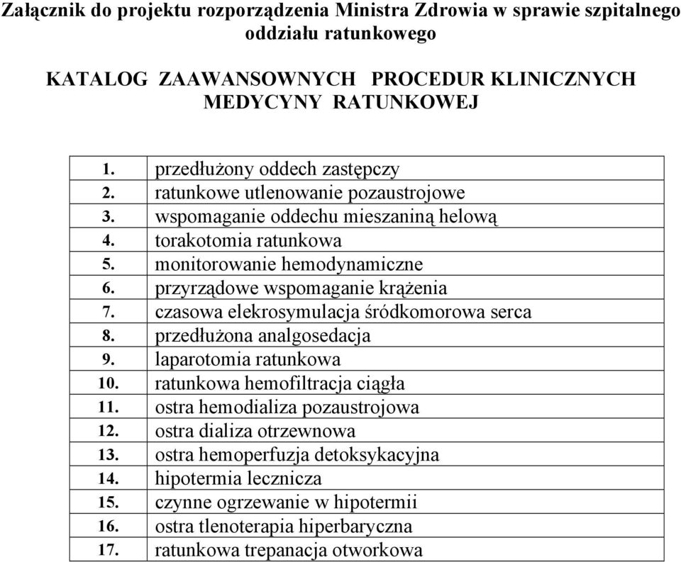 przyrządowe wspomaganie krążenia 7. czasowa elekrosymulacja śródkomorowa serca 8. przedłużona analgosedacja 9. laparotomia ratunkowa 10. ratunkowa hemofiltracja ciągła 11.