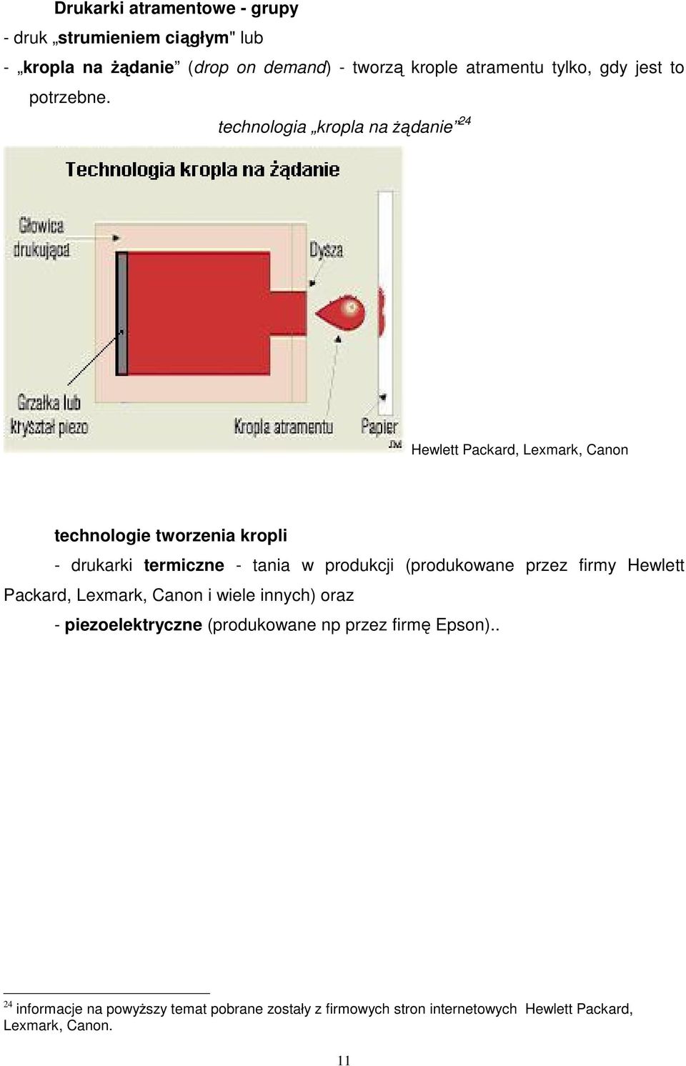 technologia kropla na żądanie 24 Hewlett Packard, Lexmark, Canon technologie tworzenia kropli - drukarki termiczne - tania w produkcji