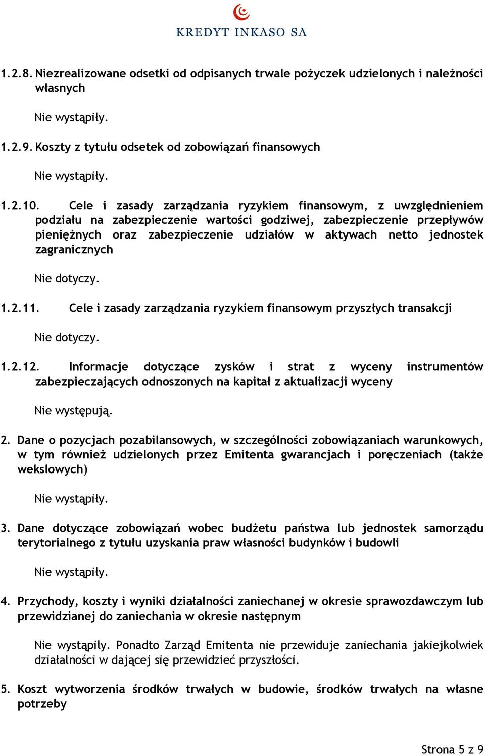 jednostek zagranicznych Nie dotyczy. 1.2.11. Cele i zasady zarządzania ryzykiem finansowym przyszłych transakcji Nie dotyczy. 1.2.12.