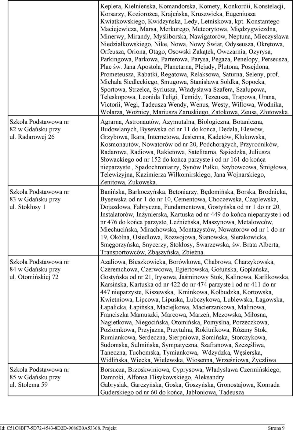 Konstantego Maciejewicza, Marsa, Merkurego, Meteorytowa, Międzygwiezdna, Minerwy, Mirandy, Myśliborska, Nawigatorów, Neptuna, Mieczysława Niedziałkowskiego, Nike, Nowa, Nowy Świat, Odyseusza,