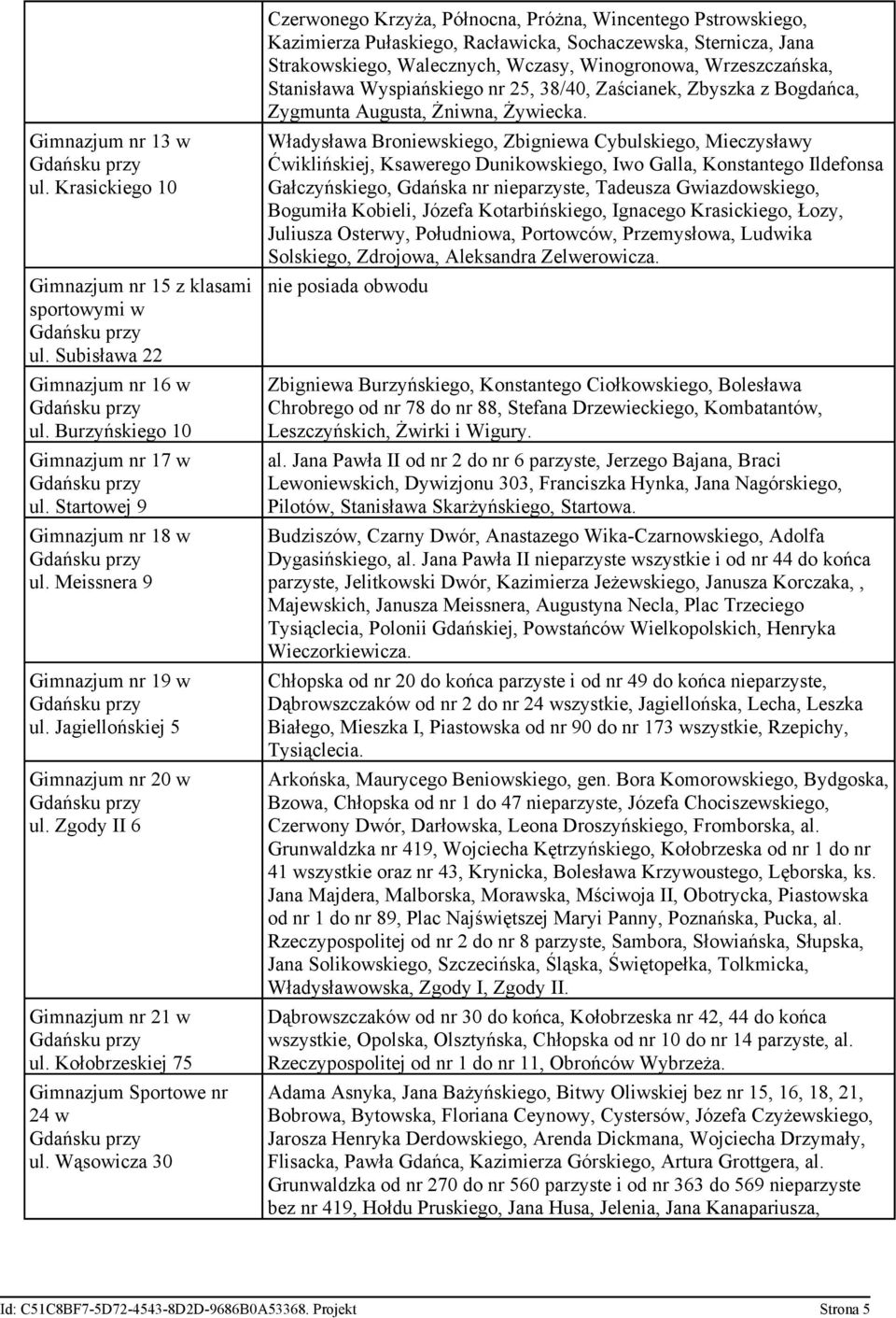 Wąsowicza 30 Czerwonego Krzyża, Północna, Próżna, Wincentego Pstrowskiego, Kazimierza Pułaskiego, Racławicka, Sochaczewska, Sternicza, Jana Strakowskiego, Walecznych, Wczasy, Winogronowa,