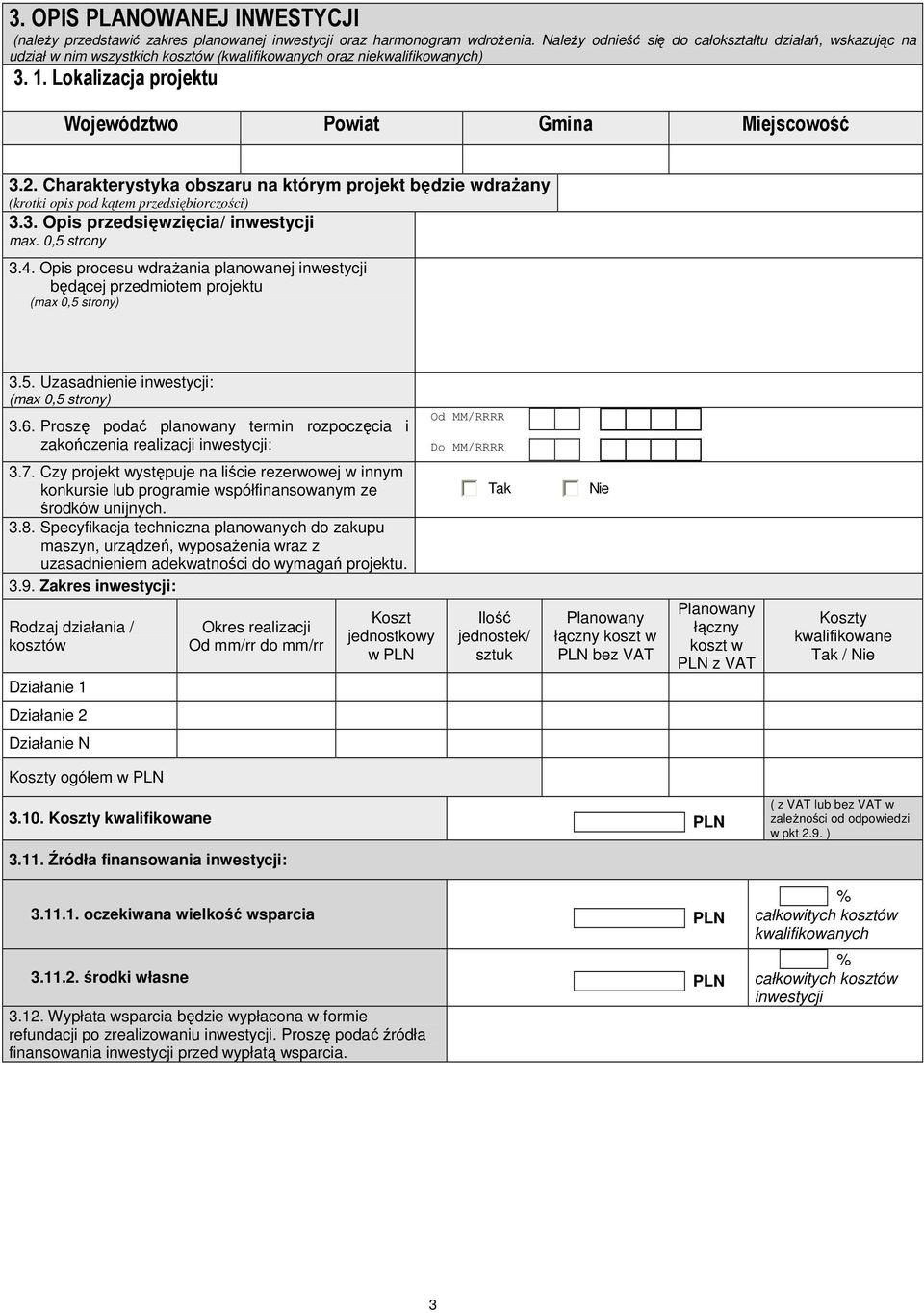 Charakterystyka obszaru na którym projekt będzie wdraŝany (krotki opis pod kątem przedsiębiorczości) 3.3. Opis przedsięwzięcia/ inwestycji max. 0,5 strony 3.4.