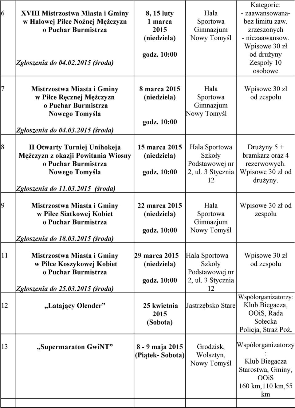 od 9 Mistrzostwa Miasta i Gminy w Piłce Siatkowej Kobiet Zgłoszenia do 18.03.