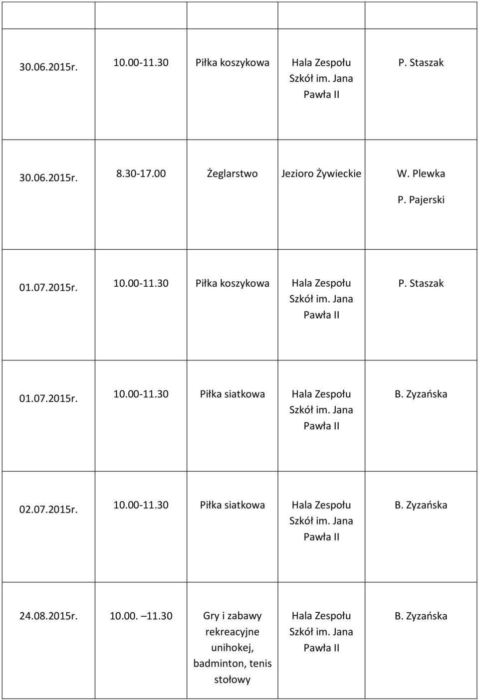 Staszak 01.07.2015r. 10.00-11.30 Piłka siatkowa Hala Zespołu B. Zyzańska 02.07.2015r. 10.00-11.30 Piłka siatkowa Hala Zespołu B. Zyzańska 24.