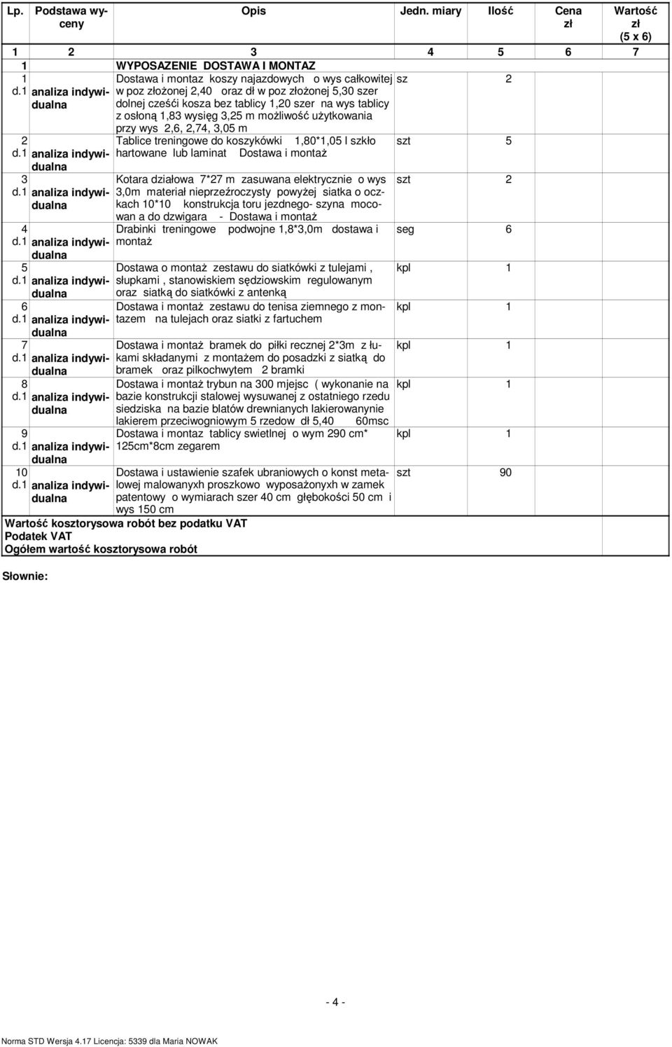 tablicy 1,20 szer na wys tablicy z osłoną 1,83 wysięg 3,25 m moŝliwość uŝytkowania 2 2 3 4 5 6 7 8 9 10 przy wys 2,6, 2,74, 3,05 m Tablice treningowe do koszykówki 1,80*1,05 l szkło hartowane lub