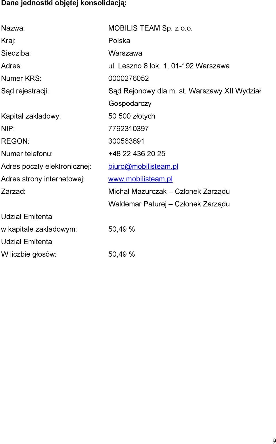 Warszawy XII Wydział Gospodarczy Kapitał zakładowy: 50 500 złotych NIP: 7792310397 REGON: 300563691 Numer telefonu: +48 22 436 20 25 Adres poczty