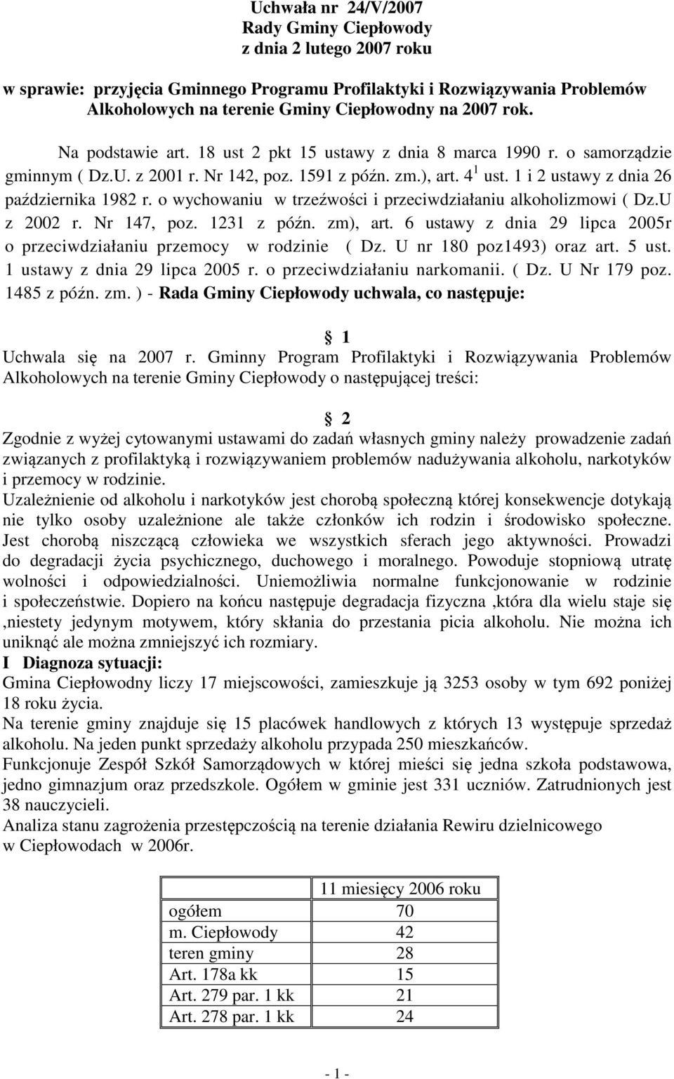 o wychowaniu w trzeźwości i przeciwdziałaniu alkoholizmowi ( Dz.U z 2002 r. Nr 147, poz. 1231 z późn. zm), art. 6 ustawy z dnia 29 lipca 2005r o przeciwdziałaniu przemocy w rodzinie ( Dz.