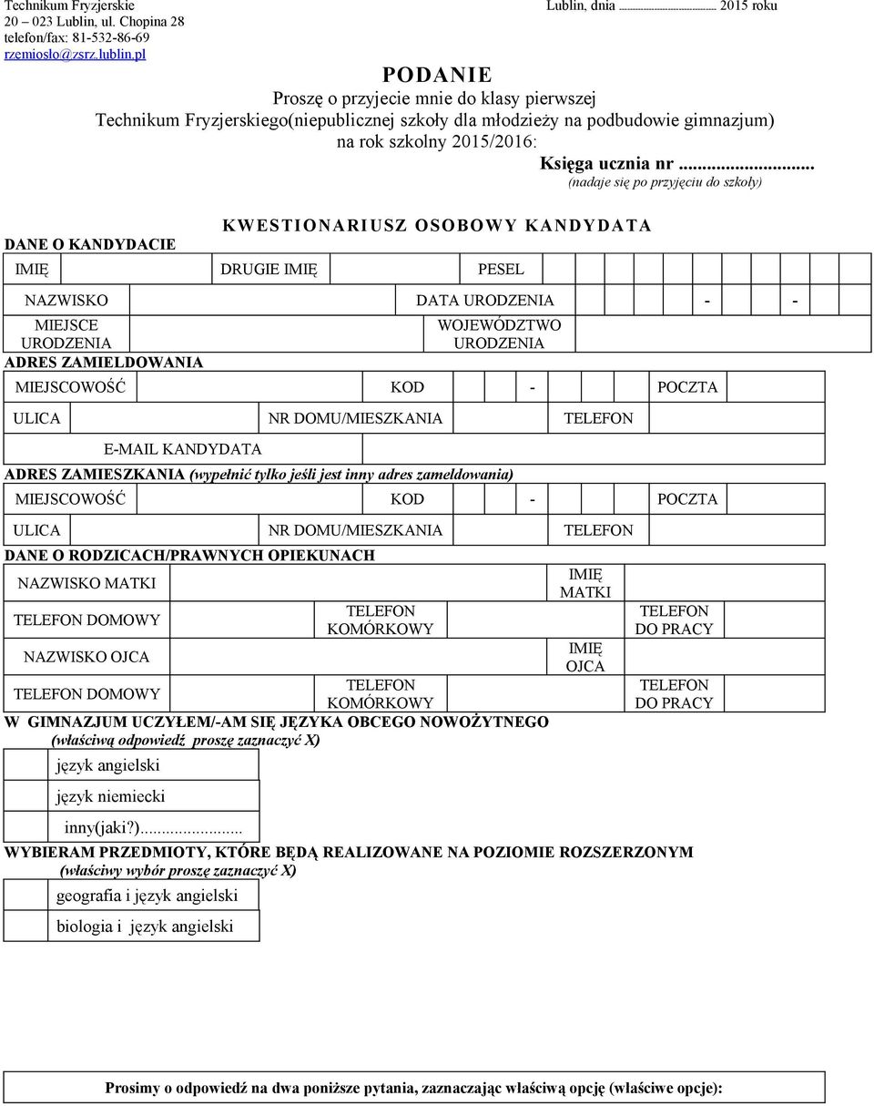 podbudowie gimnazjum) na rok szkolny 2015/2016: Księga ucznia nr.