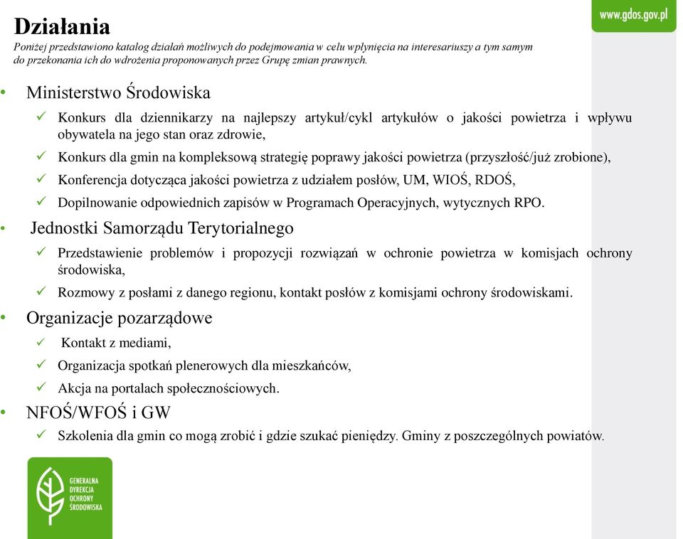 poprawy jakości powietrza (przyszłość/już zrobione), Konferencja dotycząca jakości powietrza z udziałem posłów, UM, WIOŚ, RDOŚ, Dopilnowanie odpowiednich zapisów w Programach Operacyjnych, wytycznych
