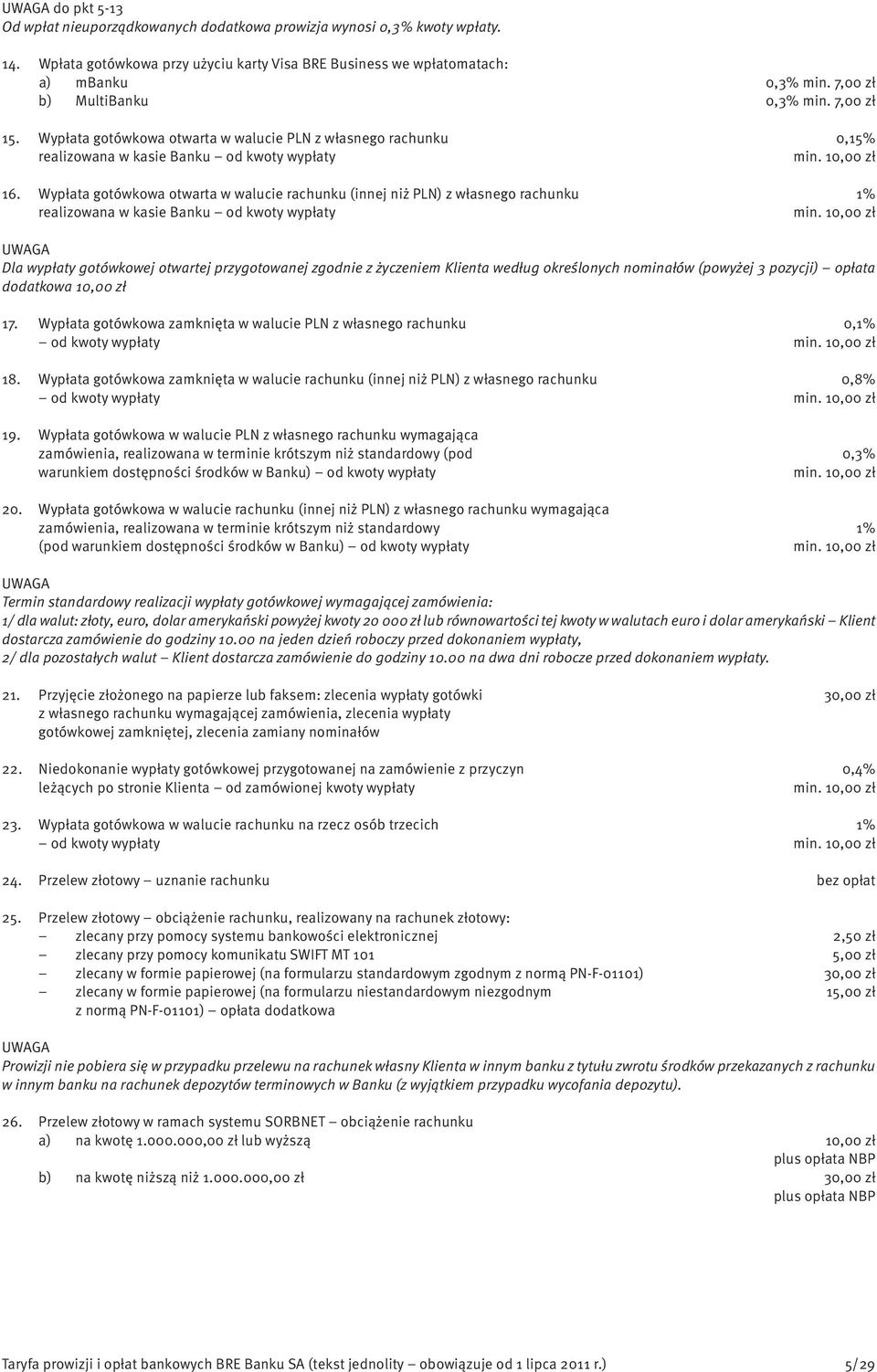 Wypłata gotówkowa otwarta w walucie rachunku (innej niż PLN) z własnego rachunku 1% realizowana w kasie Banku od kwoty wypłaty min.