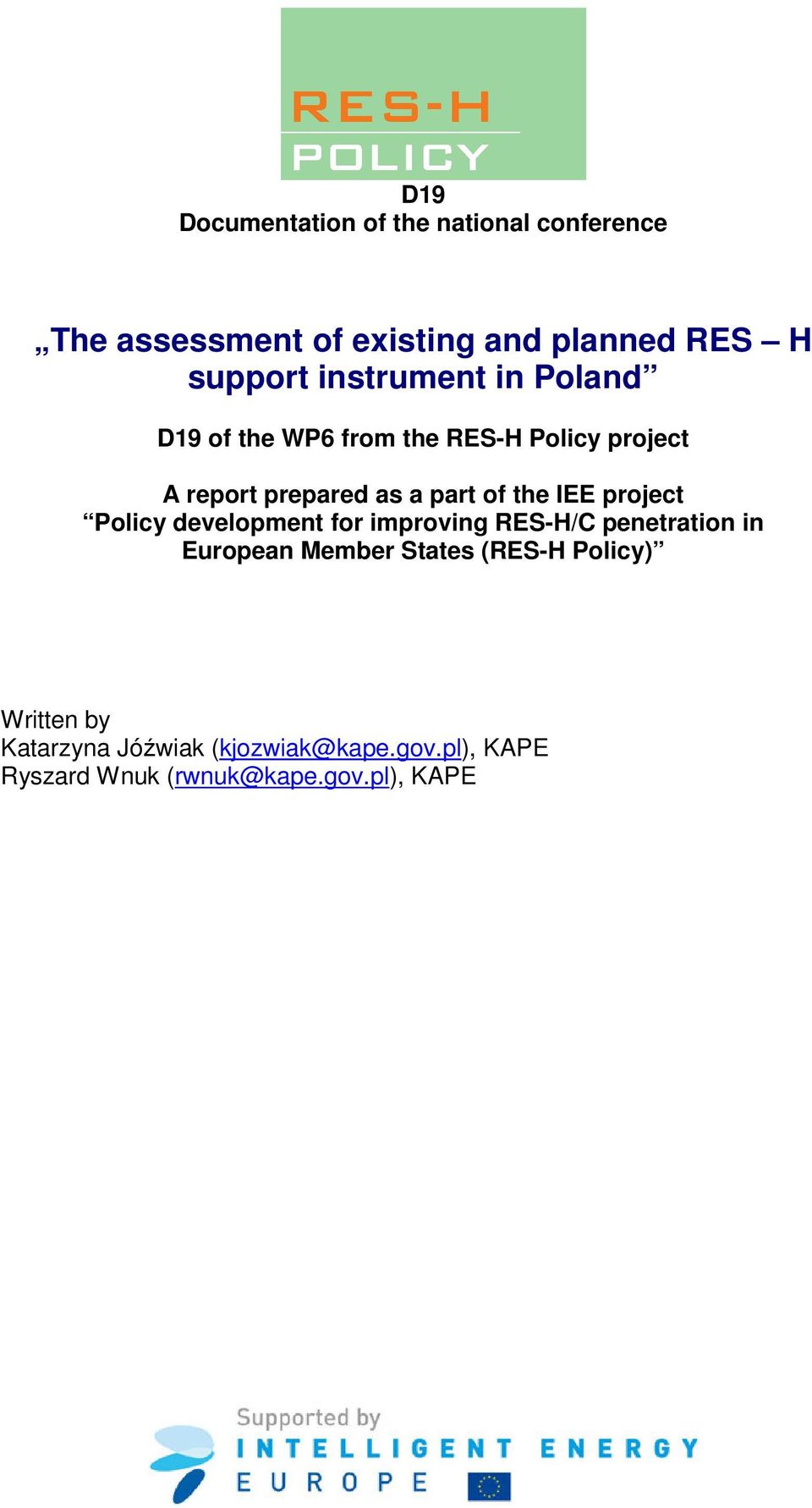 IEE project Policy development for improving RES-H/C penetration in European Member States (RES-H