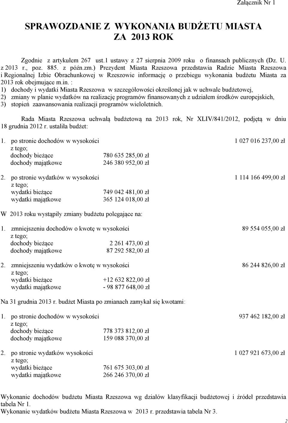 ormację o przebiegu wykonania budżetu Miasta za 2013 rok obejmujące m.in.