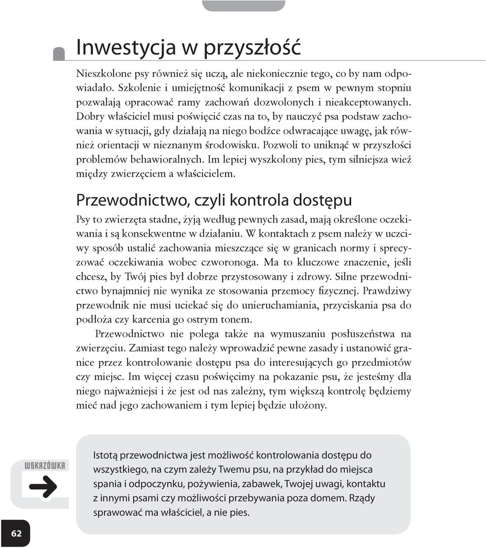 Dobry właściciel musi poświęcić czas na to, by nauczyć psa podstaw zachowania w sytuacji, gdy działają na niego bodźce odwracające uwagę, jak również orientacji w nieznanym środowisku.