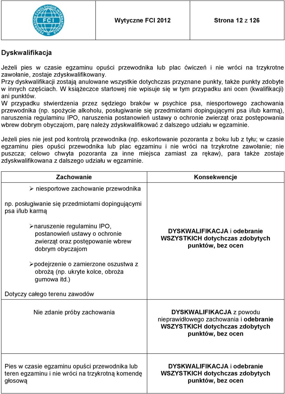 W książeczce startowej nie wpisuje się w tym przypadku ani ocen (kwalifikacji) ani punktów. W przypadku stwierdzenia przez sędziego braków w psychice psa, niesportowego zachowania przewodnika (np.