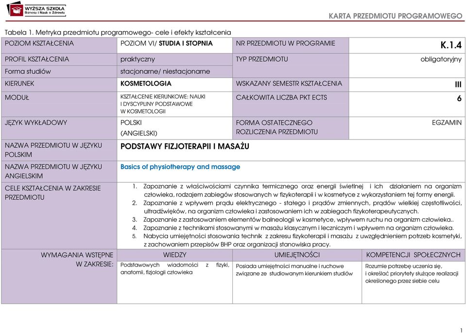 PROFIL KSZTAŁCENIA praktyczny TYP PRZEDMIOTU obligatoryjny Forma studiów stacjonarne/ niestacjonarne KIERUNEK KOSMETOLOGIA WSKAZANY SEMESTR KSZTAŁCENIA III MODUŁ JĘZYK WYKŁADOWY NAZWA PRZEDMIOTU W