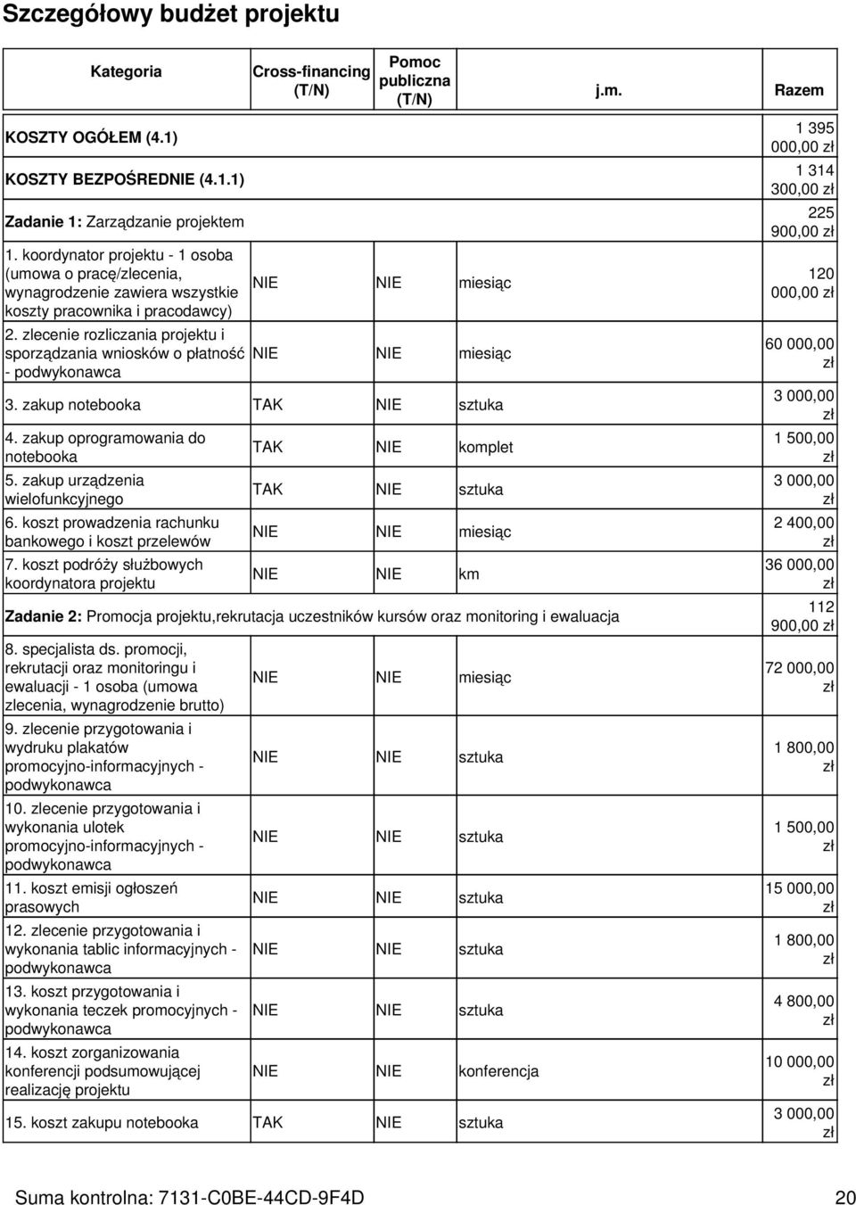 zlecenie rozliczania projektu i sporządzania wniosków o płatność - Cross-financing (T/N) Pomoc publiczna (T/N) miesiąc miesiąc 3. zakup notebooka TAK sztuka 4. zakup oprogramowania do notebooka 5.