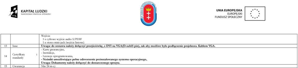 - Karty gwarancyjne, 14 - Instrukcje, Certyfikaty i - Licencje oprogramowania, standardy - Nośniki umożliwiające pełne