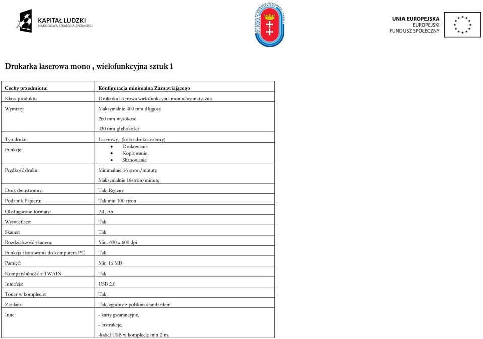 18stron/minutę Druk dwustronny:, Ręczny Podajnik Papieru: min 100 stron Obsługiwane formaty: A4, A5 Wyświetlacz: Skaner: Rozdzielczość skanera: Min.
