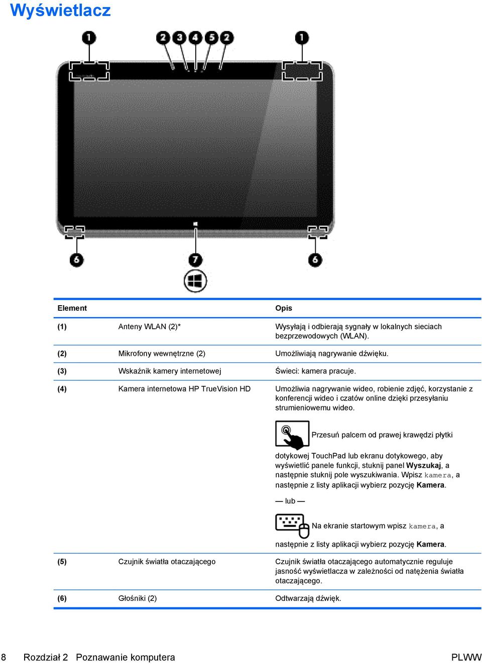 (4) Kamera internetowa HP TrueVision HD Umożliwia nagrywanie wideo, robienie zdjęć, korzystanie z konferencji wideo i czatów online dzięki przesyłaniu strumieniowemu wideo.