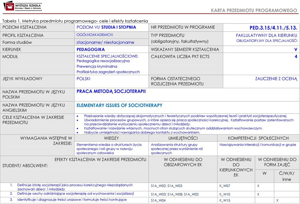 PEDAGOGIKA WSKAZANY SEMESTR KSZTAŁCENIA V MODUŁ KSZTAŁCENIE SPECJALNOŚCIOWE: Pedagogika resocjalizacyjna Prewencja kryminalna Profilaktyka zagrożeń społecznych JĘZYK WYKŁADOWY POLSKI FORMA