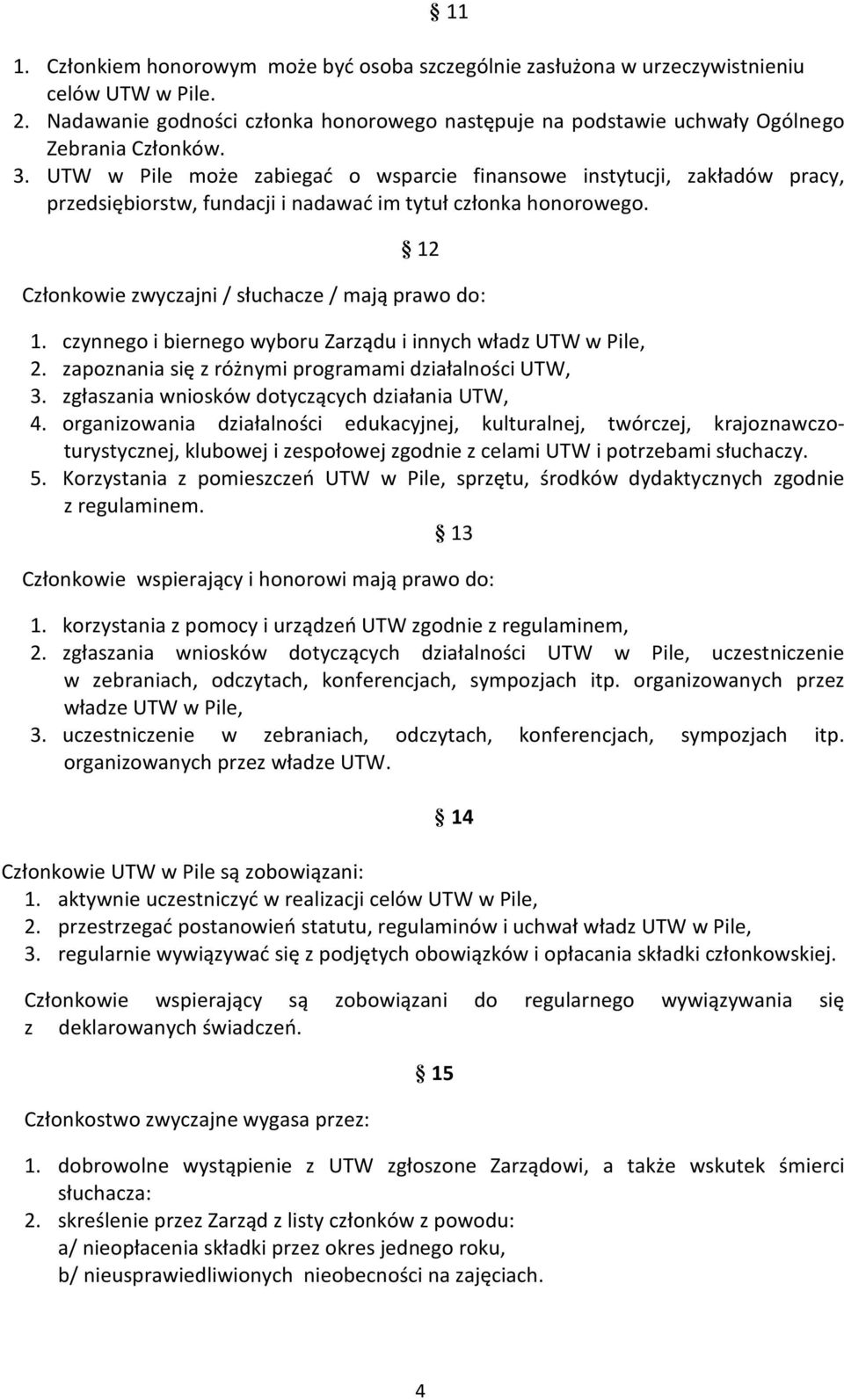 czynnego i biernego wyboru Zarządu i innych władz UTW w Pile, 2. zapoznania się z różnymi programami działalności UTW, 3. zgłaszania wniosków dotyczących działania UTW, 4.