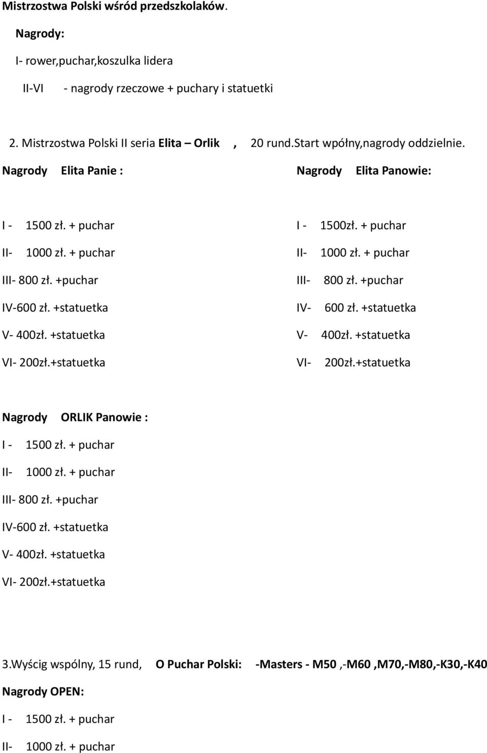 +puchar IV-600 zł. +statuetka IV- 600 zł. +statuetka V- 400zł. +statuetka V- 400zł. +statuetka VI- 200zł.+statuetka VI- 200zł.+statuetka ORLIK Panowie : I - II- 1500 zł. + puchar 1000 zł.