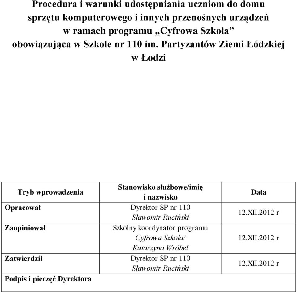 Partyzantów Ziemi Łódzkiej w Łodzi Stanowisko służbowe/imię Tryb wprowadzenia i nazwisko Opracował Dyrektor SP nr 110