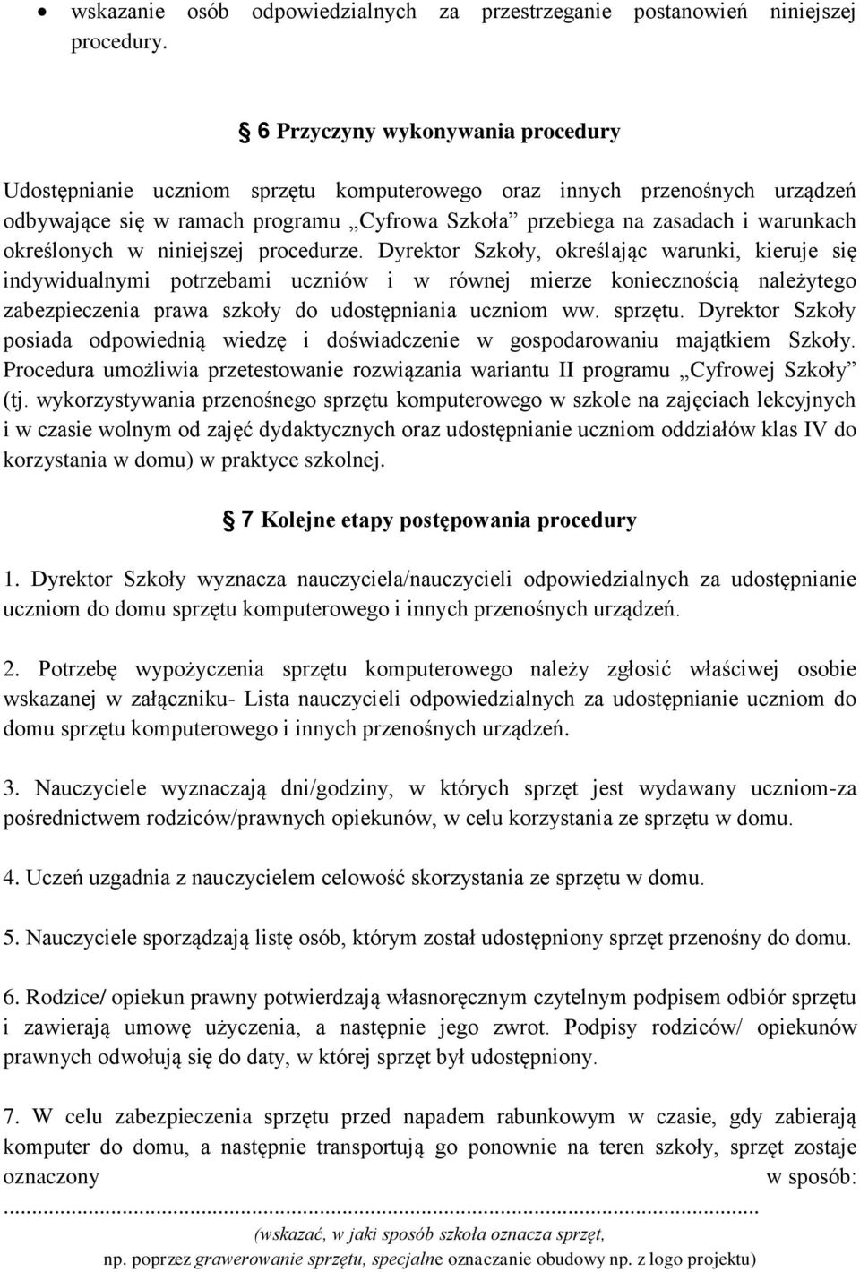 określonych w niniejszej procedurze.