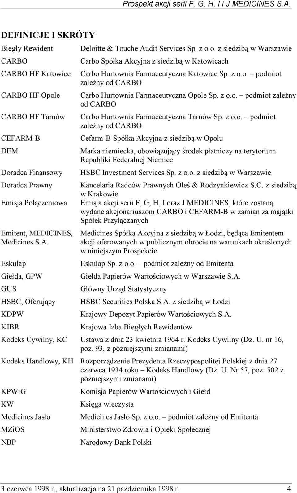 z o.o. podmiot zależny od CARBO Cefarm-B Spółka Akcyjna z siedzibą w Opolu Marka niemiecka, obowiązujący środek płatniczy na terytorium Republiki Federalnej Niemiec HSBC Investment Services Sp. z o.o. z siedzibą w Warszawie Kancelaria Radców Prawnych Oleś & Rodzynkiewicz S.