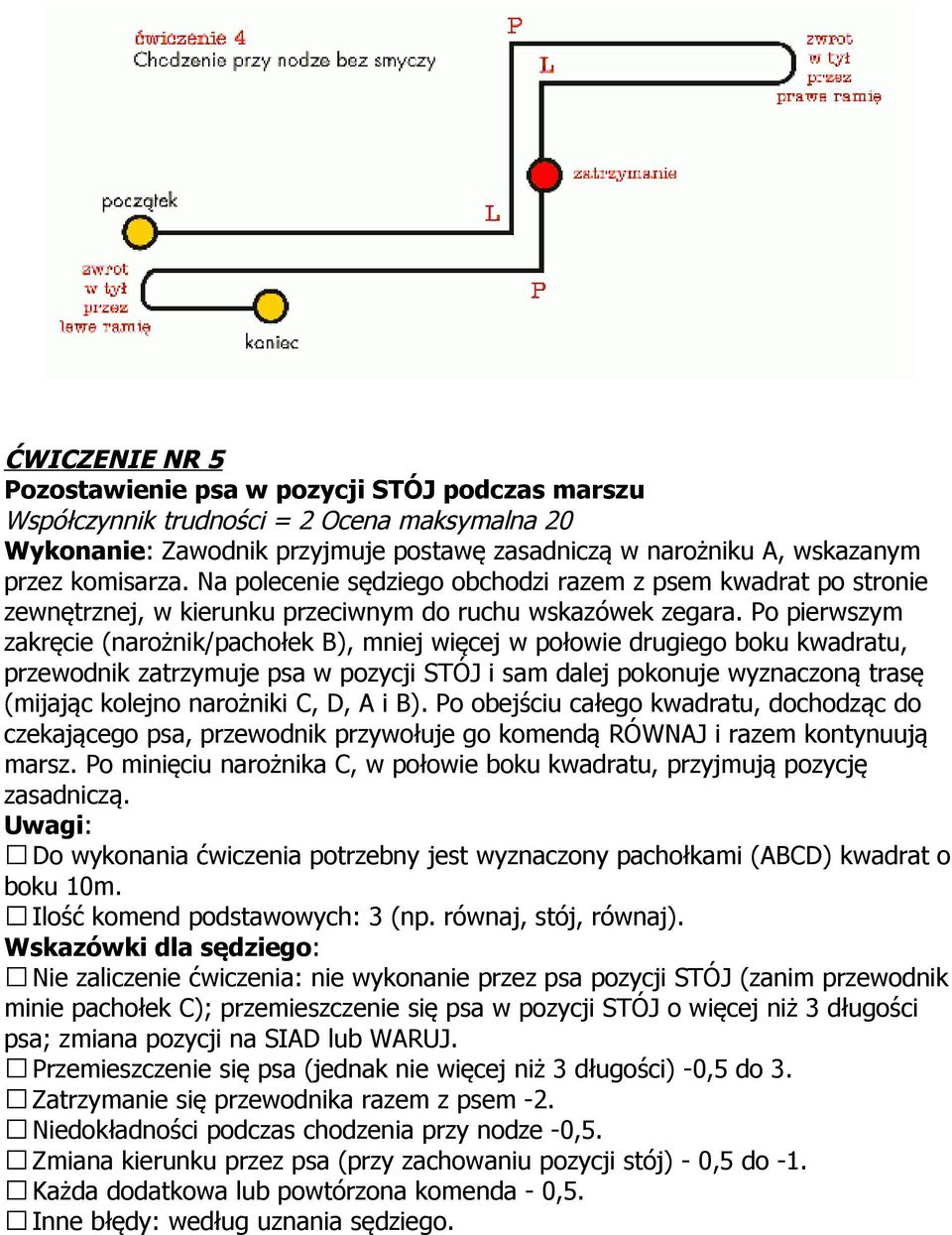 Po pierwszym zakręcie (narożnik/pachołek B), mniej więcej w połowie drugiego boku kwadratu, przewodnik zatrzymuje psa w pozycji STÓJ i sam dalej pokonuje wyznaczoną trasę (mijając kolejno narożniki