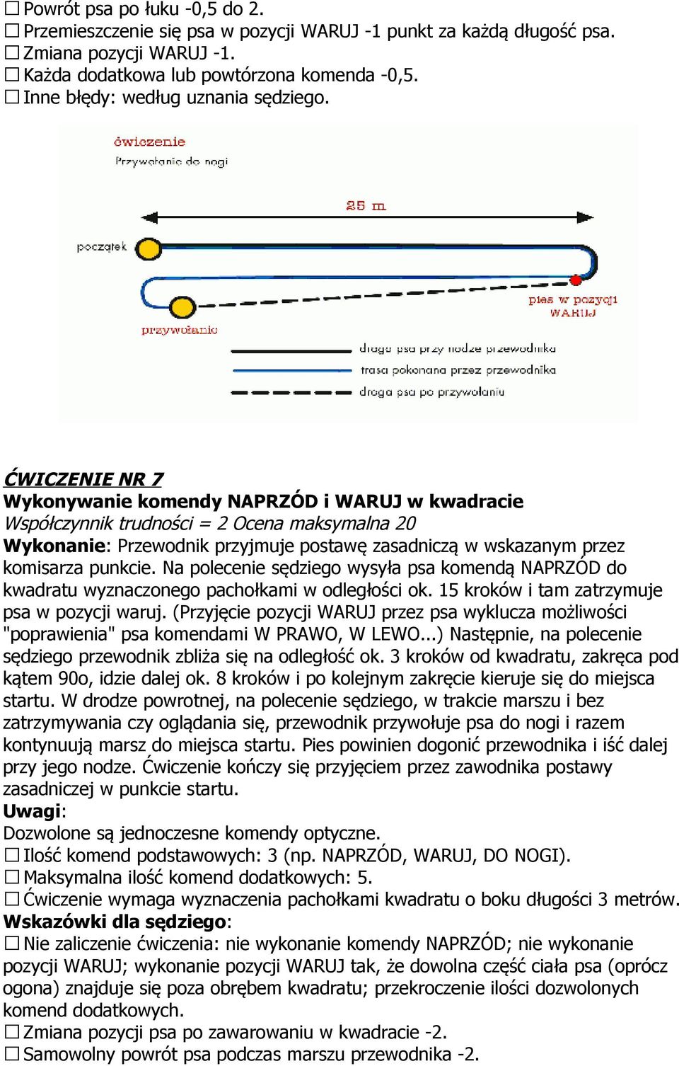 Na polecenie sędziego wysyła psa komendą NAPRZÓD do kwadratu wyznaczonego pachołkami w odległości ok. 15 kroków i tam zatrzymuje psa w pozycji waruj.