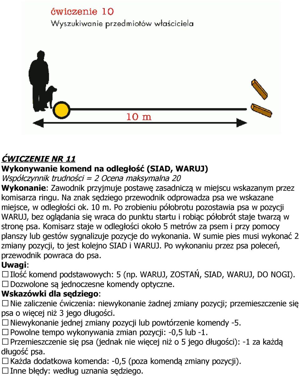 Po zrobieniu półobrotu pozostawia psa w pozycji WARUJ, bez oglądania się wraca do punktu startu i robiąc półobrót staje twarzą w stronę psa.