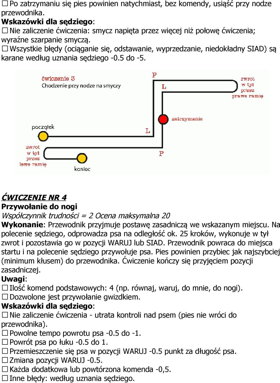 ĆWICZENIE NR 4 Przywołanie do nogi Wykonanie: Przewodnik przyjmuje postawę zasadniczą we wskazanym miejscu. Na polecenie sędziego, odprowadza psa na odległość ok.