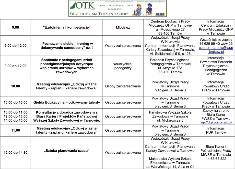 Mościckiego 27 33-100 Tarnów W Krakowie Centrum Informacji i Planowania Kariery, Al. Solidarności 5-9, s.126 Poradnia Pedagogiczna ul.