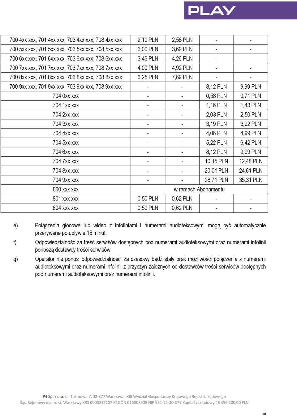 9xx xxx, 708 9xx xxx - - 8,12 PLN 9,99 PLN 704 0xx xxx - - 0,58 PLN 0,71 PLN 704 1xx xxx - - 1,16 PLN 1,43 PLN 704 2xx xxx - - 2,03 PLN 2,50 PLN 704 3xx xxx - - 3,19 PLN 3,92 PLN 704 4xx xxx - - 4,06