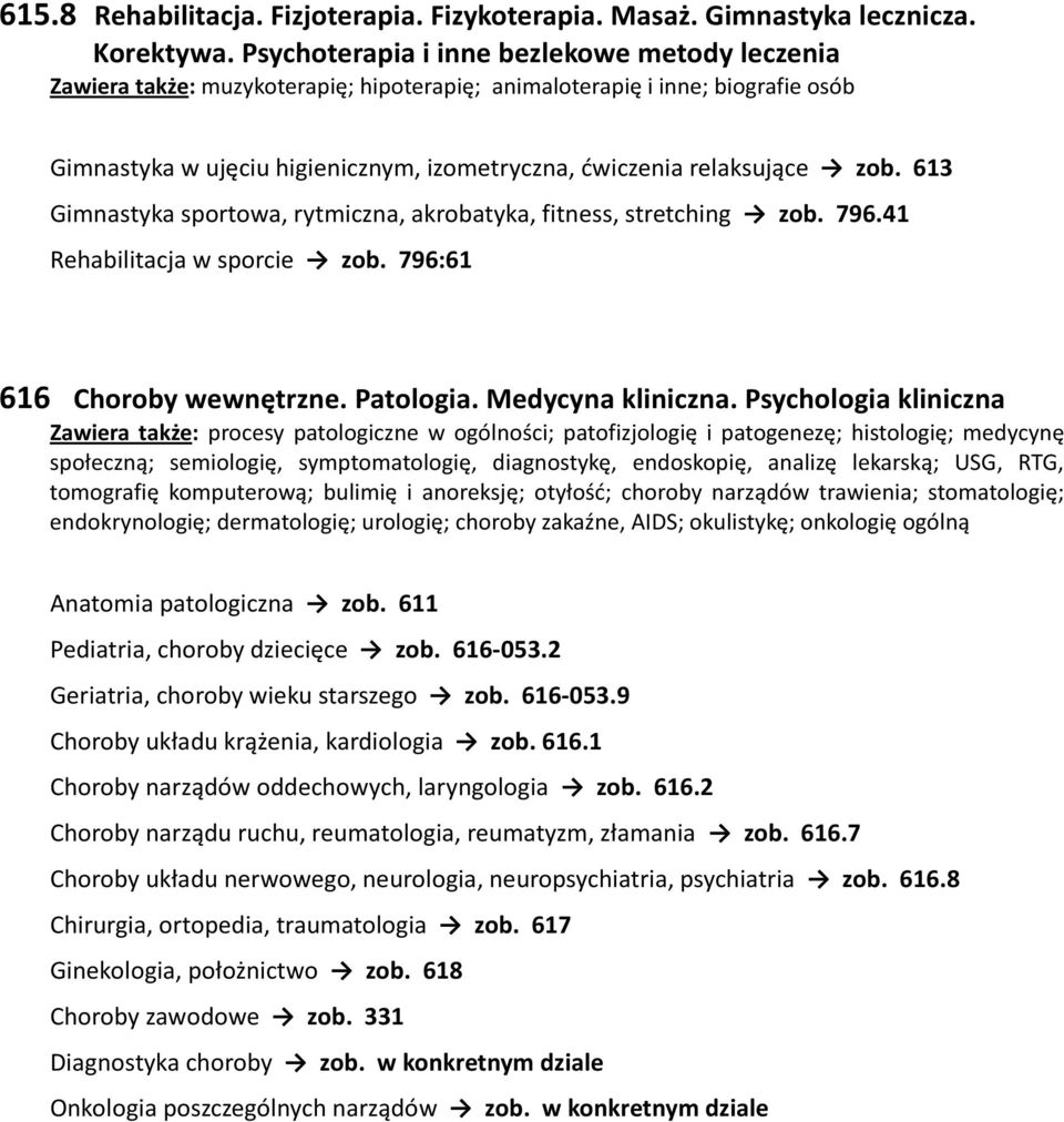 zob. 613 Gimnastyka sportowa, rytmiczna, akrobatyka, fitness, stretching zob. 796.41 Rehabilitacja w sporcie zob. 796:61 616 Choroby wewnętrzne. Patologia. Medycyna kliniczna.