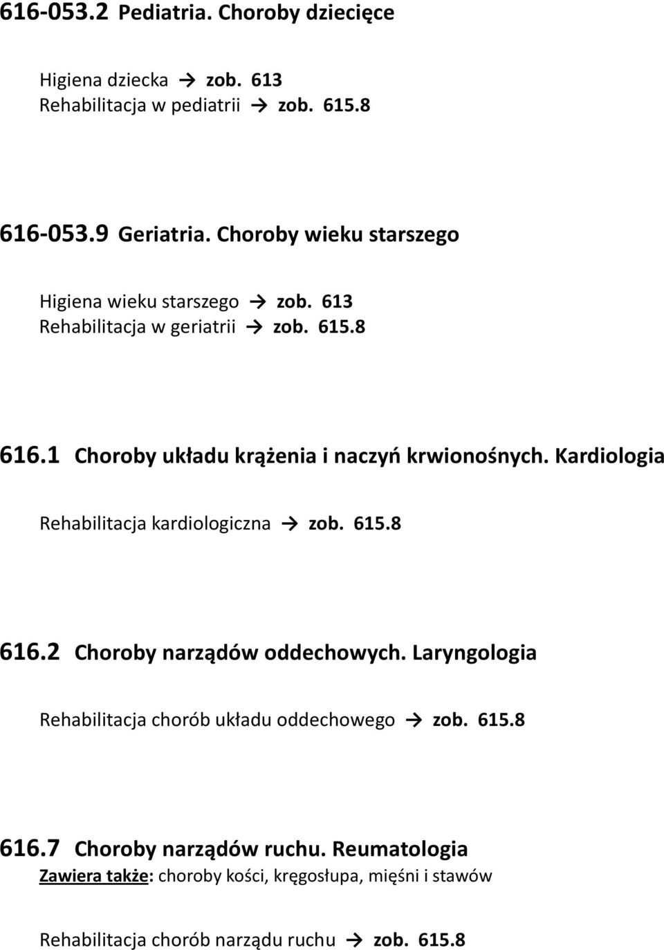 1 Choroby układu krążenia i naczyń krwionośnych. Kardiologia Rehabilitacja kardiologiczna zob. 615.8 616.2 Choroby narządów oddechowych.