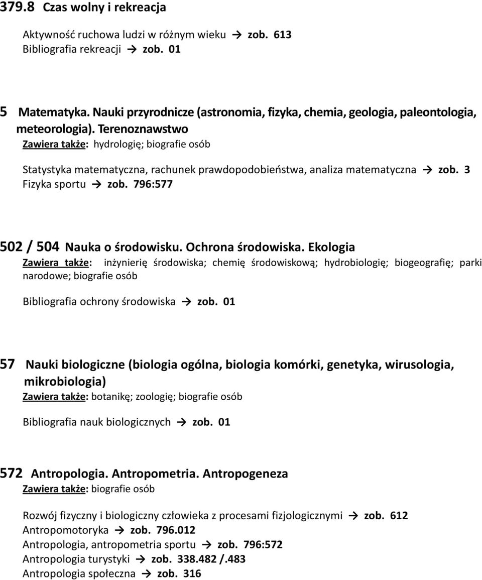 Terenoznawstwo Zawiera także: hydrologię; biografie osób Statystyka matematyczna, rachunek prawdopodobieństwa, analiza matematyczna zob. 3 Fizyka sportu zob. 796:577 502 / 504 Nauka o środowisku.