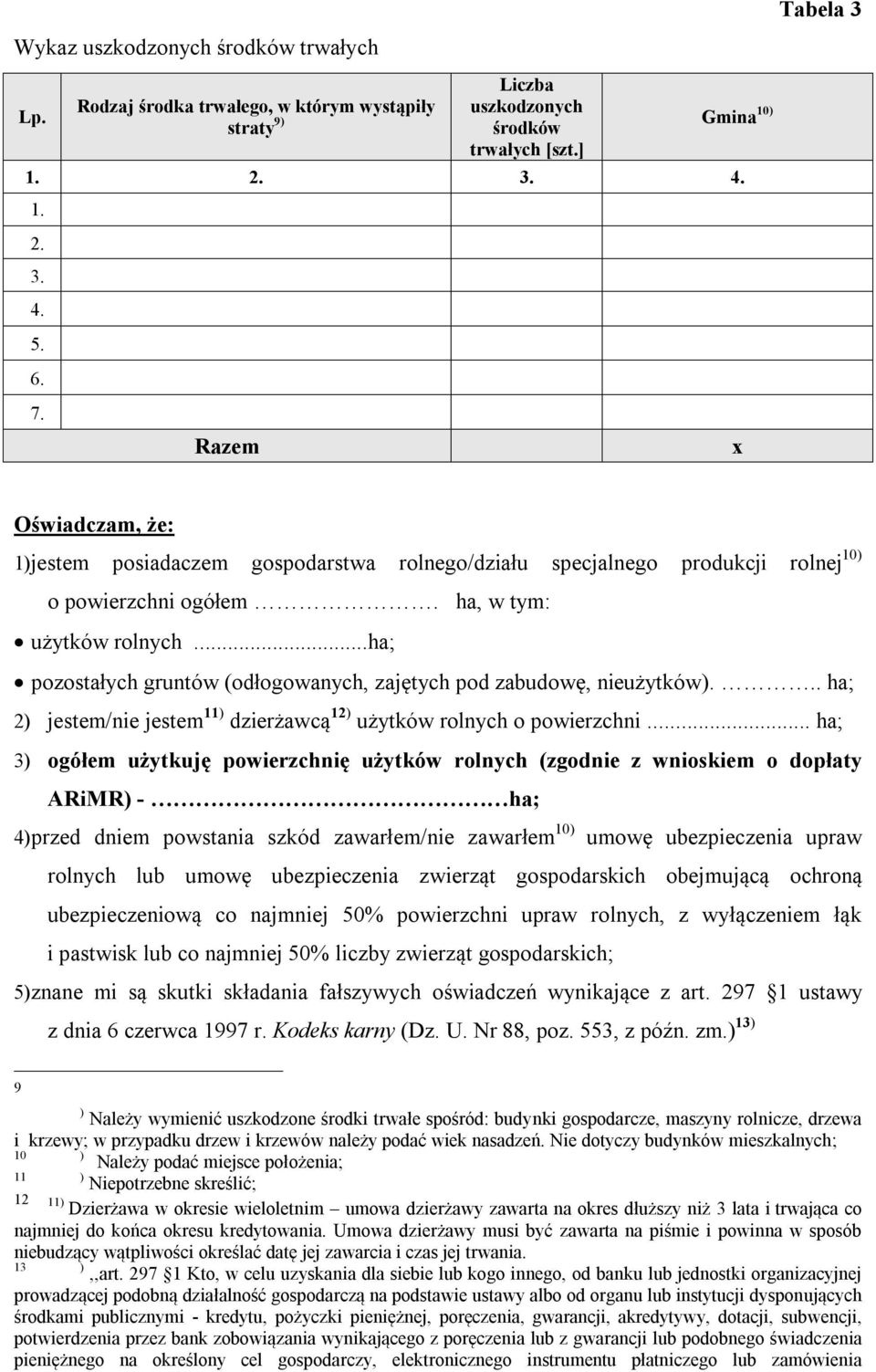 ..ha; pozostałych gruntów (odłogowanych, zajętych pod zabudowę, nieużytków)... ha; 2) jestem/nie jestem 11) dzierżawcą 12) użytków rolnych o powierzchni.