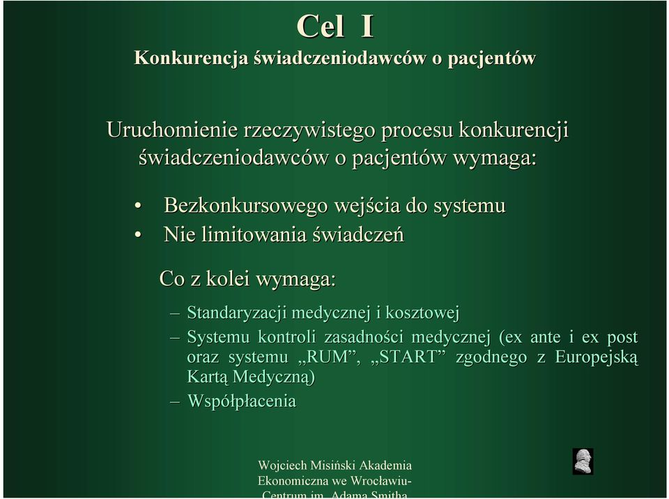 świadczeń Co z kolei wymaga: Standaryzacji medycznej i kosztowej Systemu kontroli zasadności