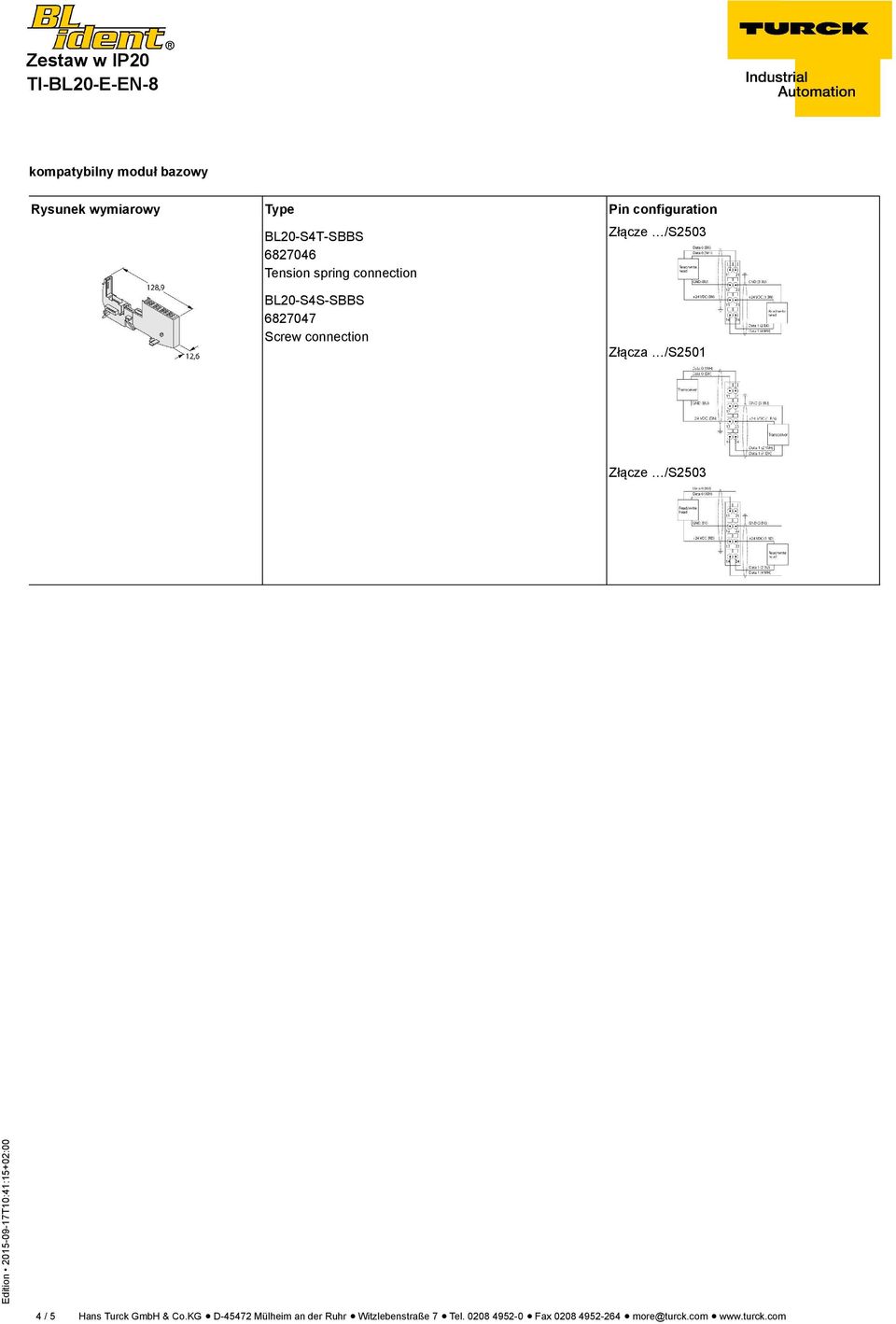 Złącza /S2501 Złącze /S2503 4 / 5 Hans Turck GmbH & Co.