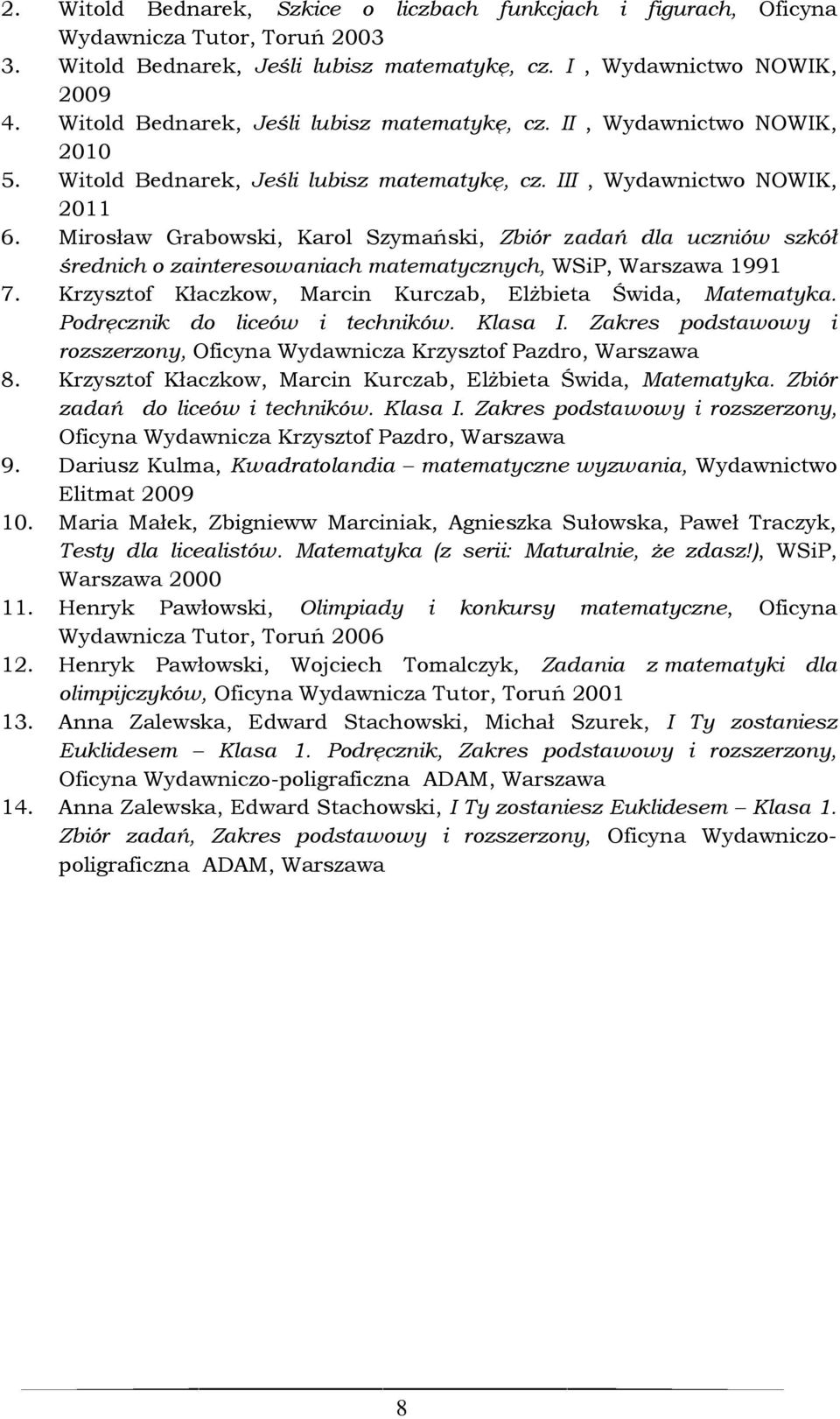 Mirosław Grabowski, Karol Szymański, Zbiór zadań dla uczniów szkół średnich o zainteresowaniach matematycznych, WSiP, Warszawa 1991 7. Krzysztof Kłaczkow, Marcin Kurczab, Elżbieta Świda, Matematyka.