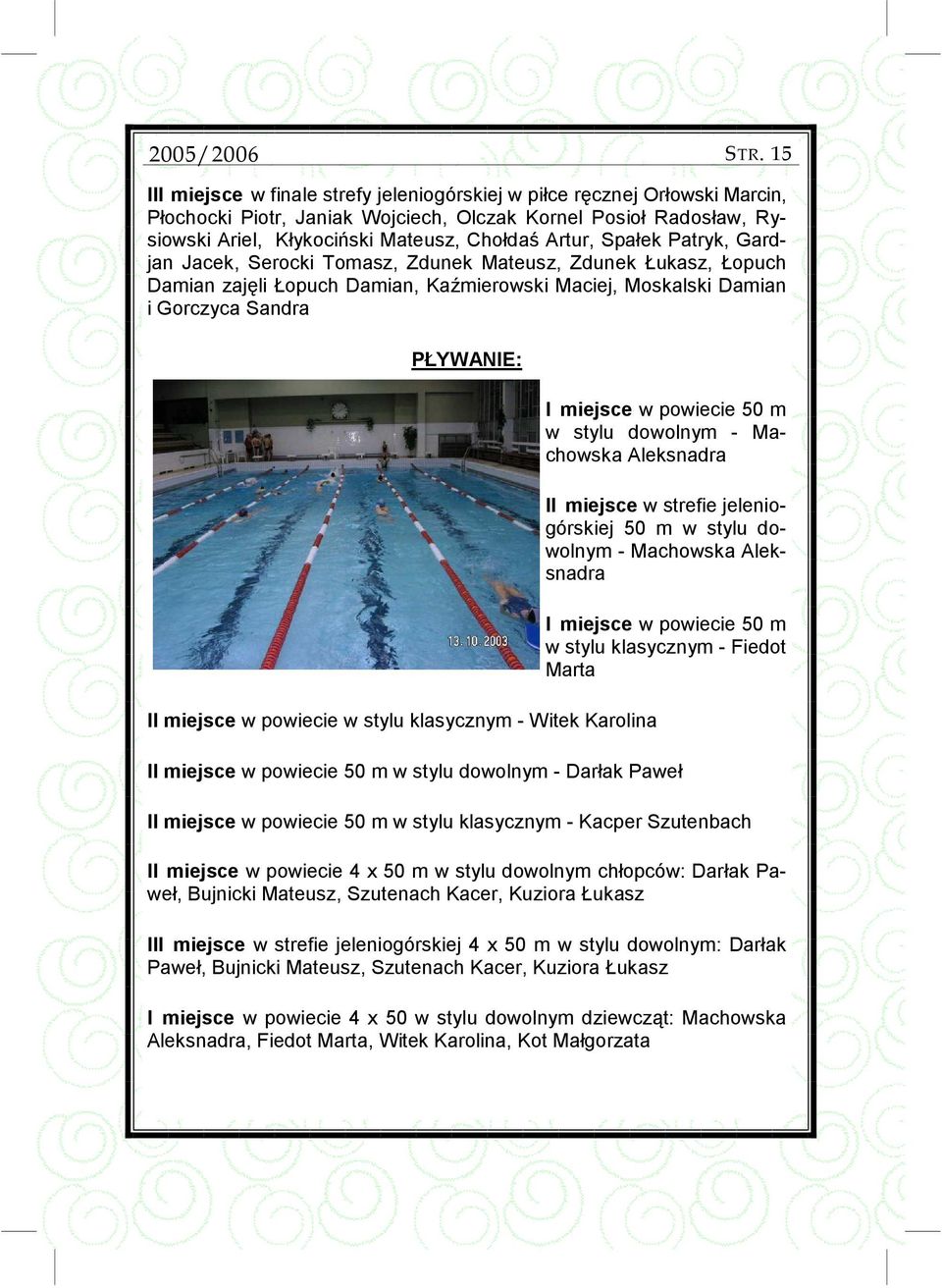 powiecie w stylu klasycznym - Witek Karolina I miejsce w powiecie 50 m w stylu dowolnym - Machowska Aleksnadra II miejsce w strefie jeleniogórskiej 50 m w stylu dowolnym - Machowska Aleksnadra I