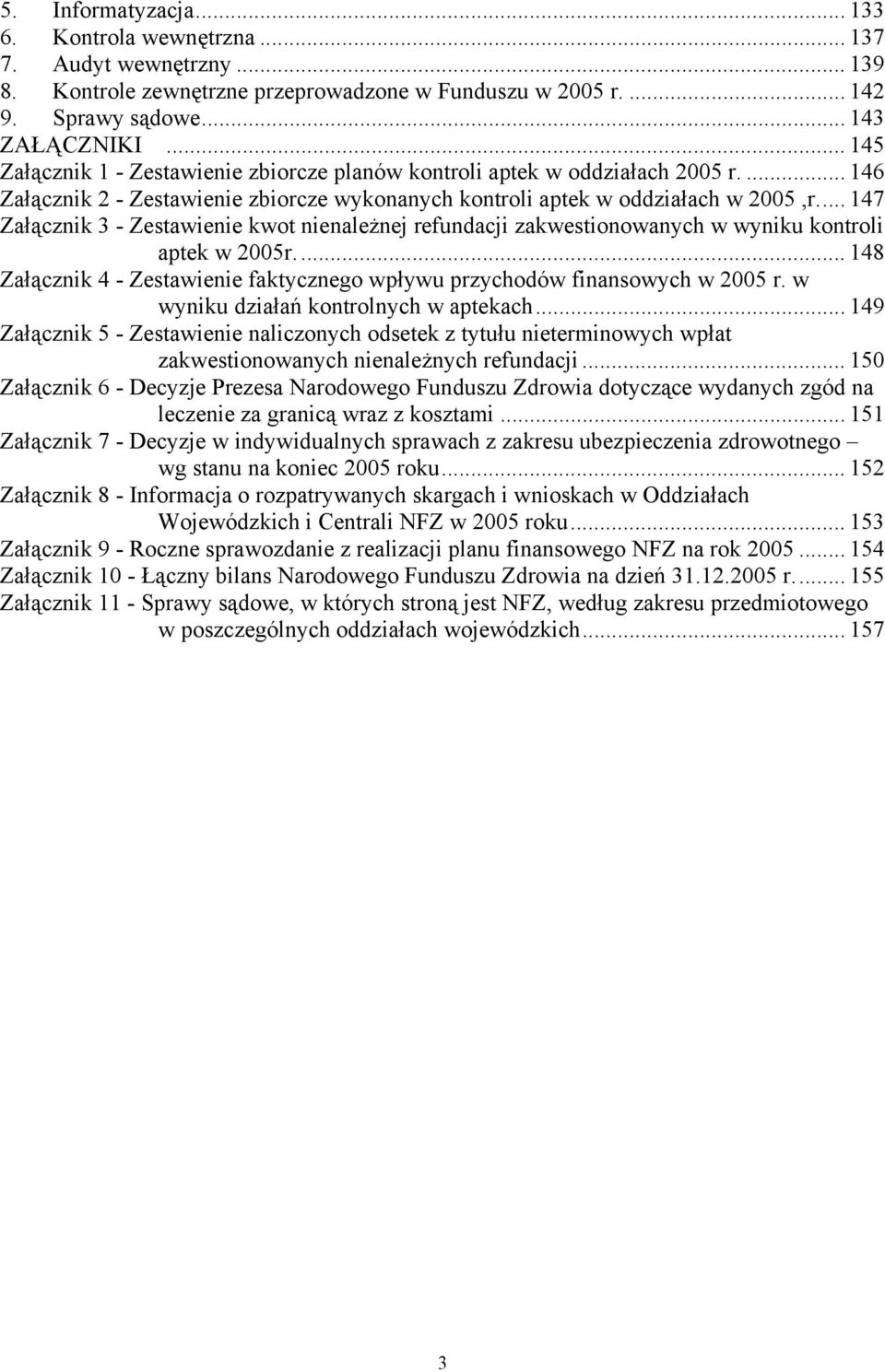.. 147 Załącznik 3 - Zestawienie kwot nienależnej refundacji zakwestionowanych w wyniku kontroli aptek w 2005r... 148 Załącznik 4 - Zestawienie faktycznego wpływu przychodów finansowych w 2005 r.