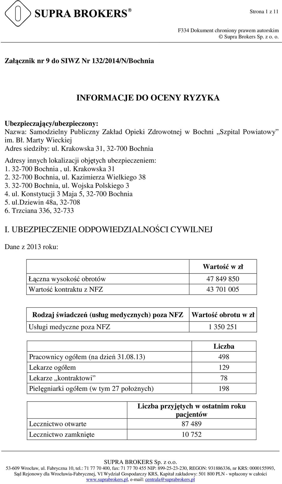 32-700 Bochnia, ul. Wojska Polskiego 3 4. ul. Konstytucji 3 Maja 5, 32-700 Bochnia 5. ul.dziewin 48a, 32-708 6. Trzciana 336, 32-733 I.