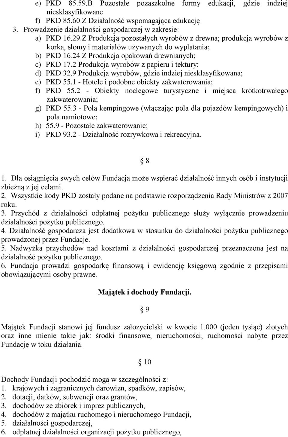 2 Produkcja wyrobów z papieru i tektury; d) PKD 32.9 Produkcja wyrobów, gdzie indziej niesklasyfikowana; e) PKD 55.1 - Hotele i podobne obiekty zakwaterowania; f) PKD 55.